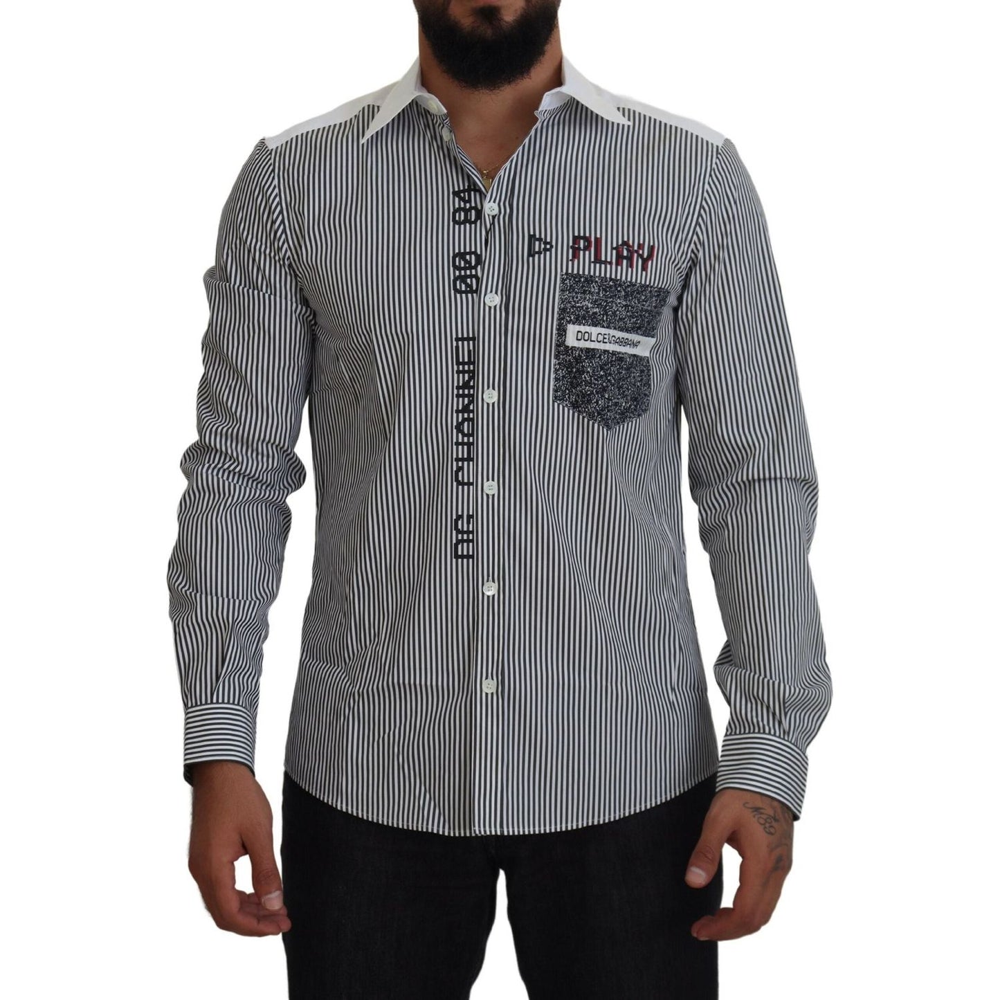 Dolce & Gabbana Slim Fit Striped Casual Shirt with Channel Motive gray-white-striped-slim-fit-shirt