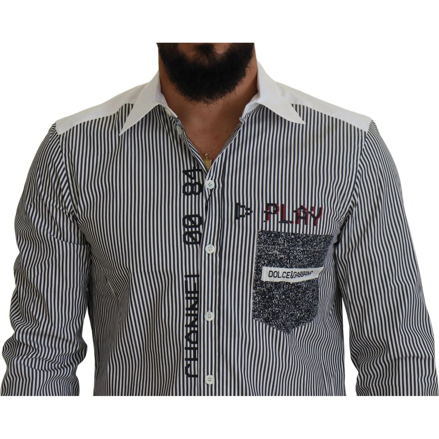 Dolce & Gabbana Slim Fit Striped Casual Shirt with Channel Motive gray-white-striped-slim-fit-shirt