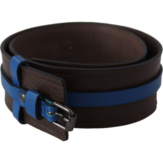 Costume National Elegant Brown Leather Belt with Blue Lining Belt brown-thin-blue-line-leather-buckle-belt