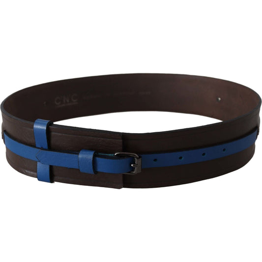 Costume National Elegant Brown Leather Belt with Blue Lining Belt brown-thin-blue-line-leather-buckle-belt