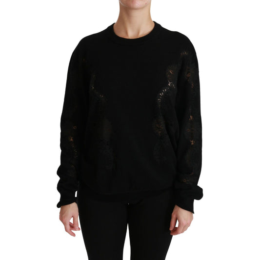 Dolce & Gabbana Elegant Cashmere Crewneck Sweater with Lace Detail black-cashmere-floral-lace-cutout-sweater