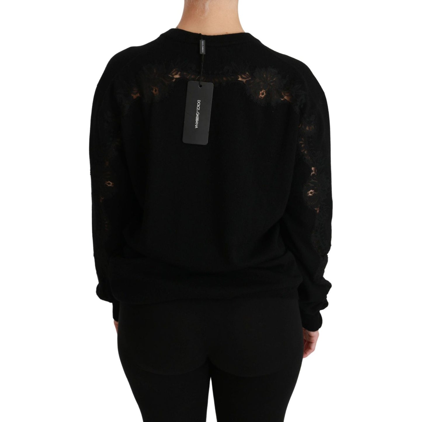 Dolce & Gabbana Elegant Cashmere Crewneck Sweater with Lace Detail black-cashmere-floral-lace-cutout-sweater