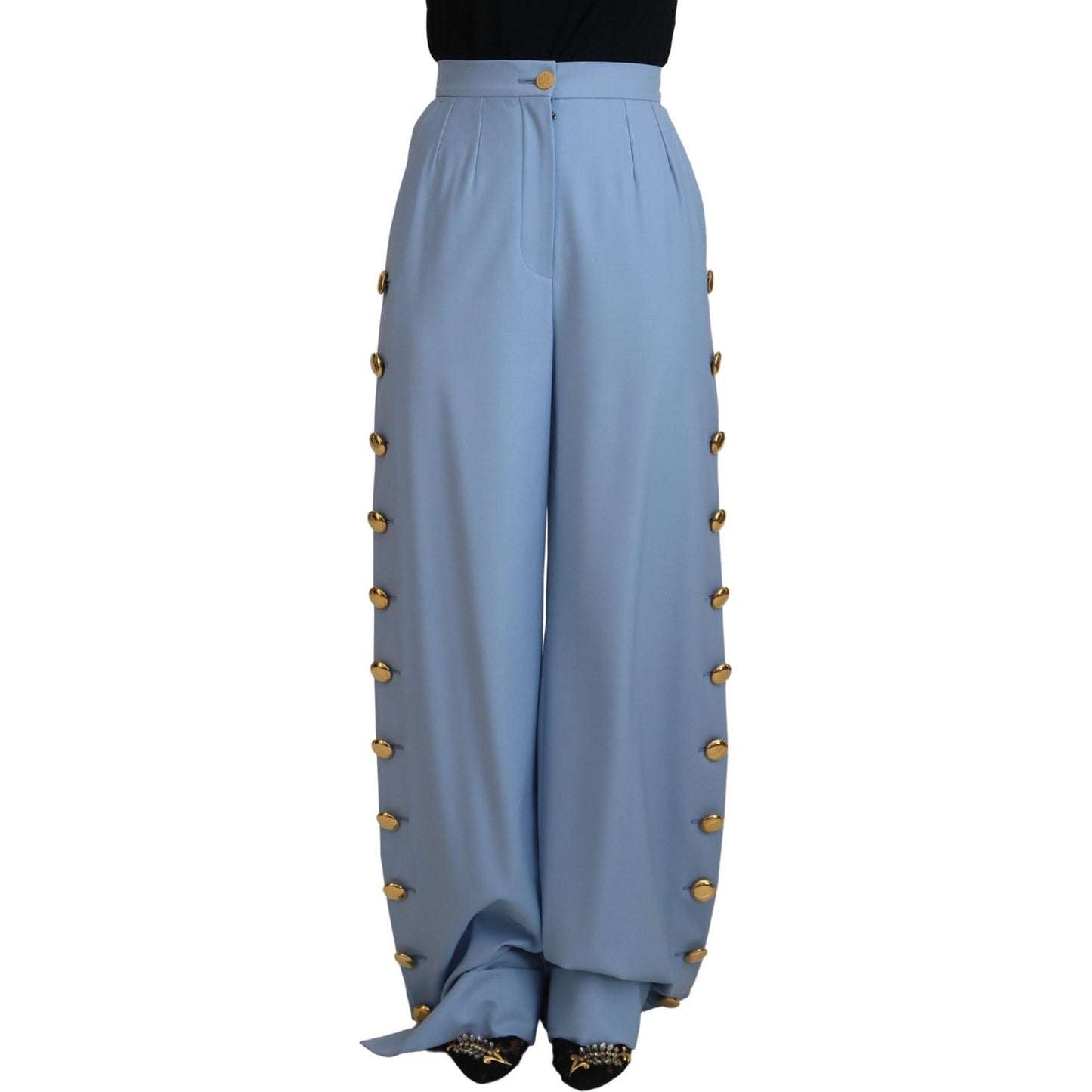 Dolce & Gabbana Elegant Light Blue Wool-Silk Blend Pants light-blue-button-wide-leg-pants