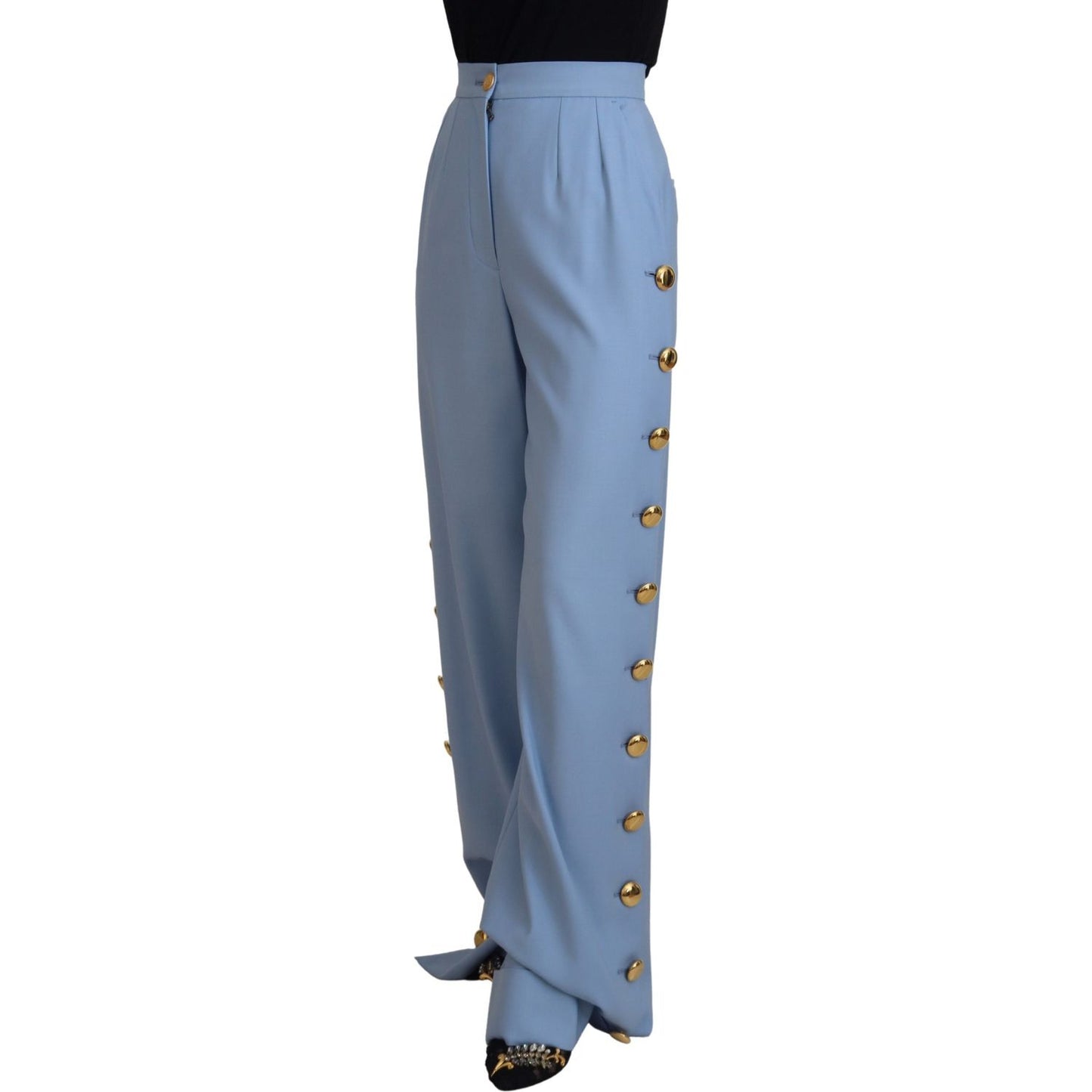 Dolce & Gabbana Elegant Light Blue Wool-Silk Blend Pants light-blue-button-wide-leg-pants