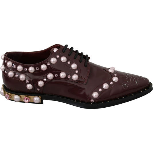 Dolce & Gabbana Elegant Bordeaux Lace-Up Flats with Pearls and Crystals bordeaux-leather-crystal-pearls-formal-shoes IMG_6467-scaled-0fda5bce-820.jpg