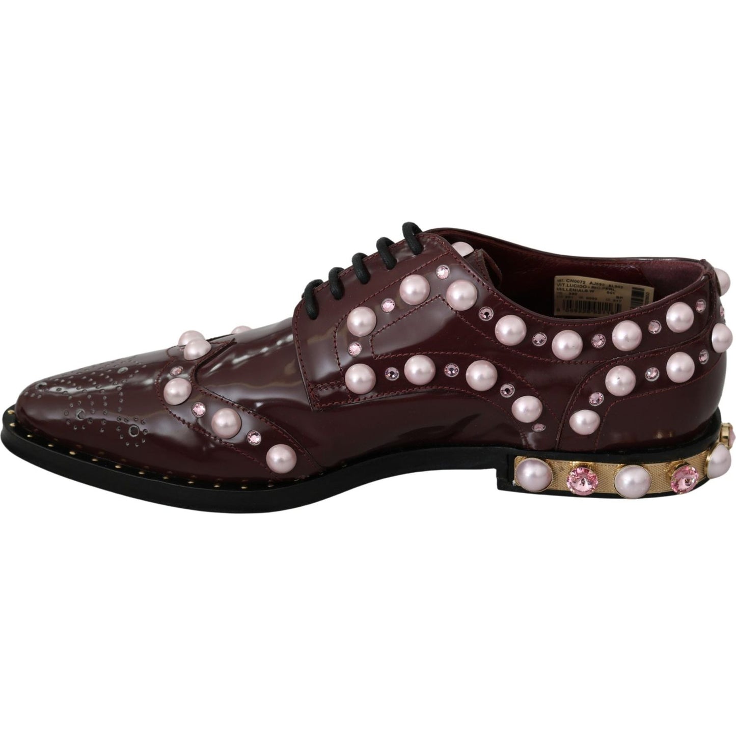 Dolce & Gabbana Elegant Bordeaux Lace-Up Flats with Pearls and Crystals bordeaux-leather-crystal-pearls-formal-shoes