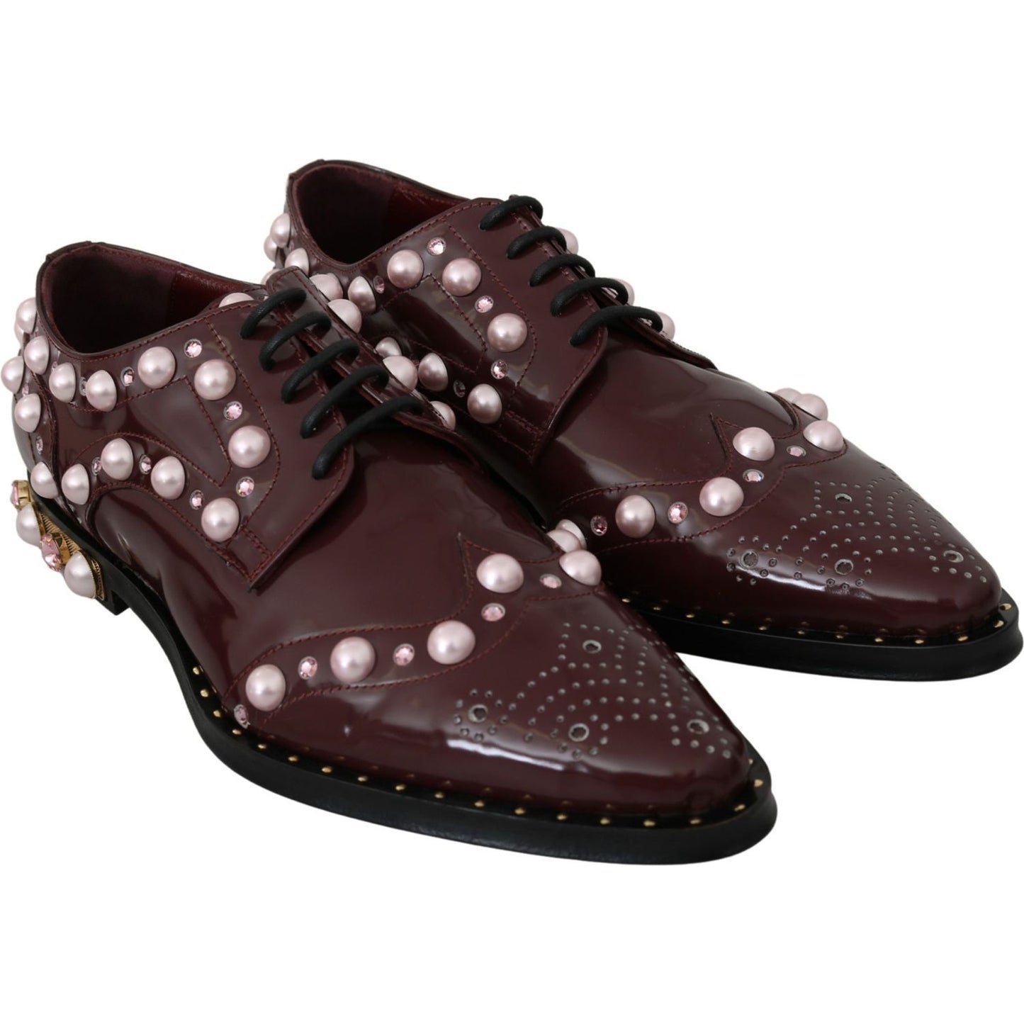 Dolce & Gabbana Elegant Bordeaux Lace-Up Flats with Pearls and Crystals bordeaux-leather-crystal-pearls-formal-shoes