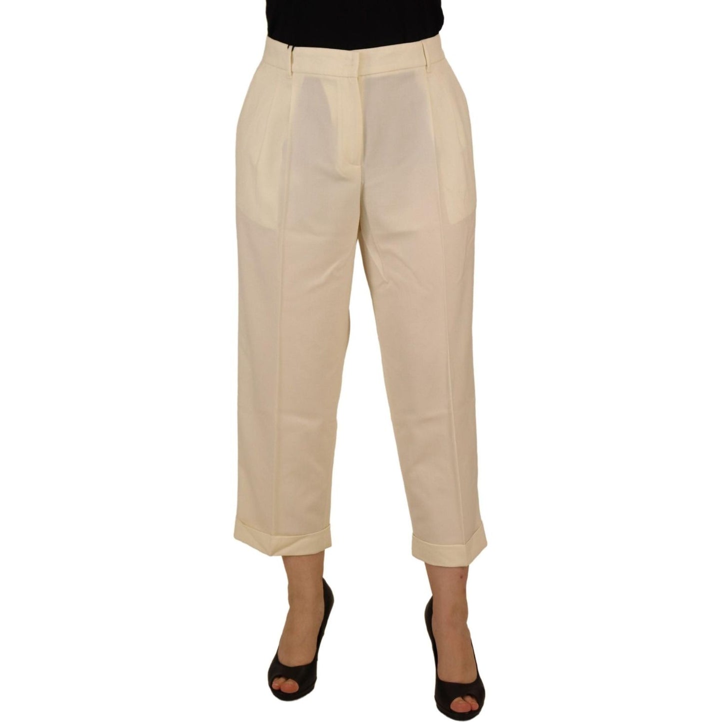 Dolce & Gabbana Elegant Ivory High-Waist Wool Pants ivory-high-waist-cropped-folded-hem-trousers-pants