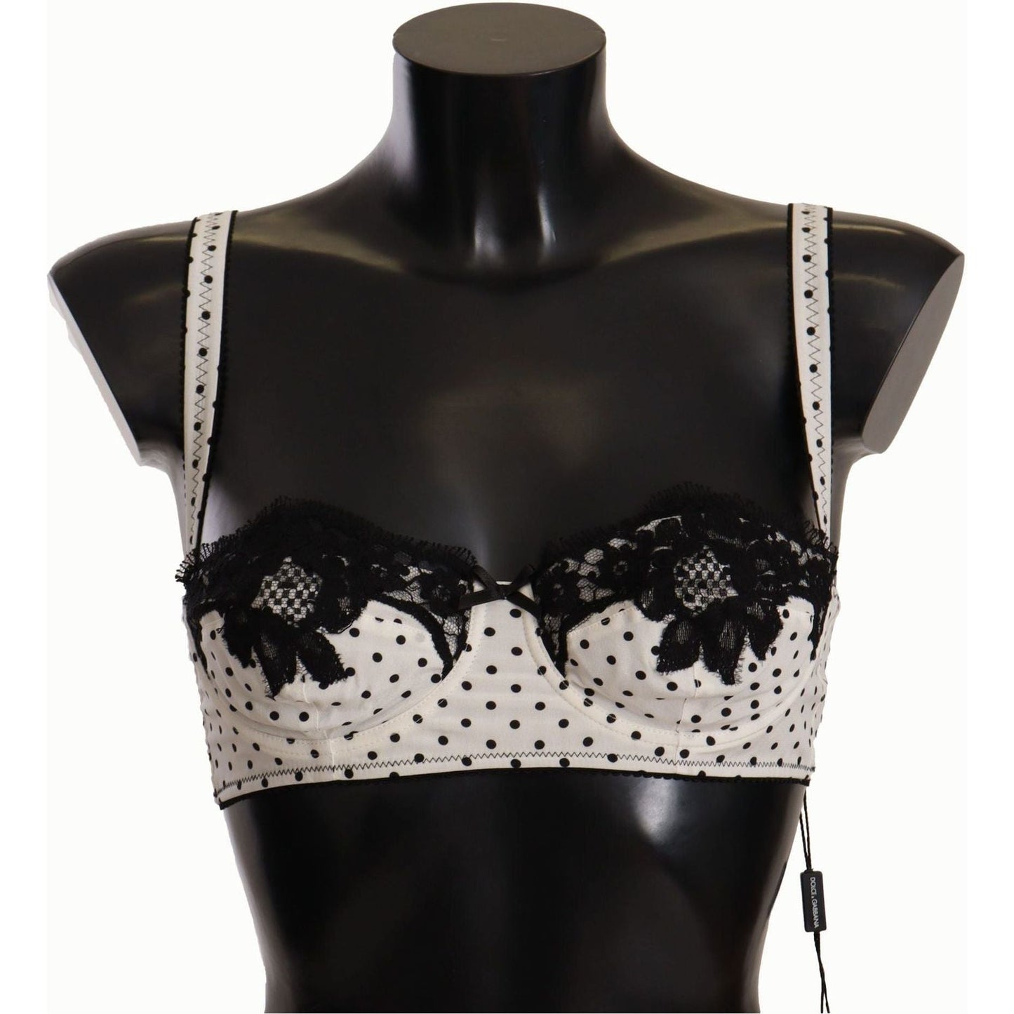 Dolce & Gabbana Elegant White Lace & Polka Dot Silk Bra white-black-polka-dot-satin-lace-balconette-bra