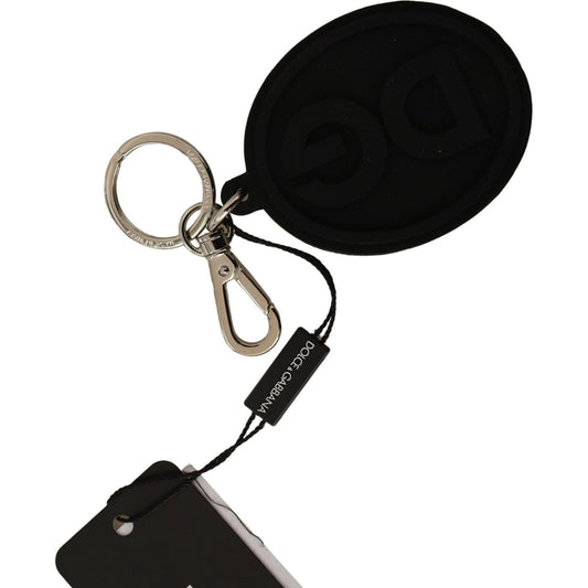 Dolce & Gabbana Chic Black Rubber & Brass Logo Keychain black-rubber-dg-logo-silver-brass-metal-keychain IMG_6626-scaled-f868f505-565.jpg