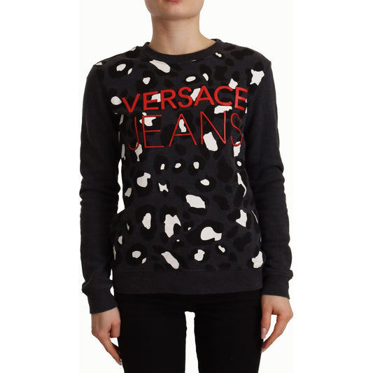 Versace Jeans Chic Black Leopard Crew Neck Pullover black-cotton-leopard-long-sleeves-pullover-sweater