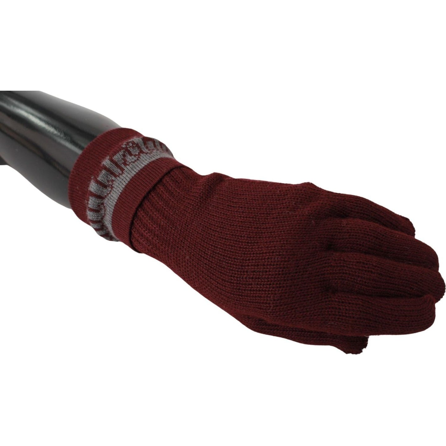 John Galliano Maroon Wool-Blend Designer Gloves maroon-elastic-wrist-length-mitten-designer-logo-gloves