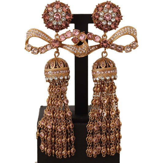 Dolce & Gabbana Elegant Antique Gold Bow Earrings gold-dangling-crystals-long-clip-on-jewelry-earrings WOMAN EARRING