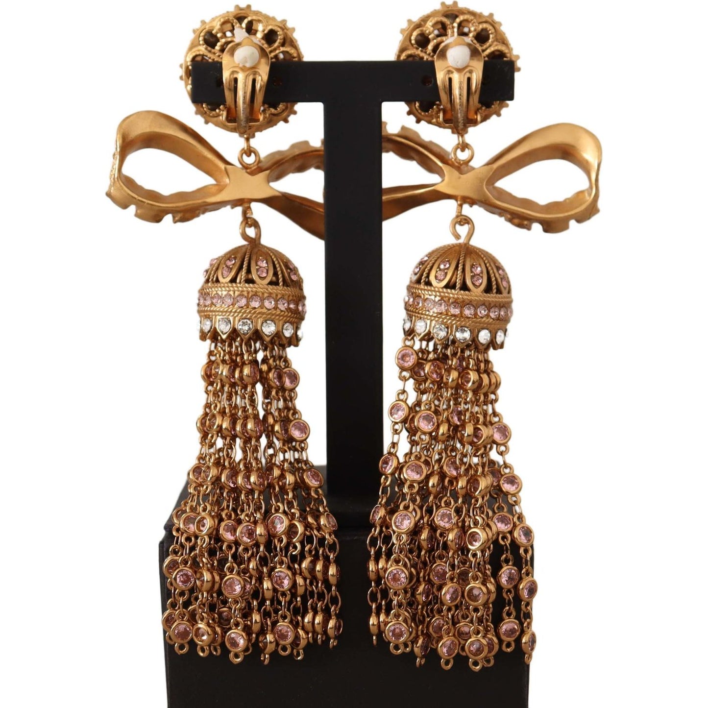 Dolce & Gabbana Elegant Antique Gold Bow Earrings WOMAN EARRING gold-dangling-crystals-long-clip-on-jewelry-earrings