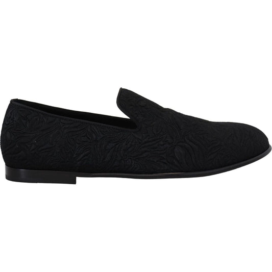 Dolce & Gabbana Elegant Jacquard Black Loafers Slide On Flats black-floral-jacquard-slippers-loafers-shoes IMG_6775-scaled-9104fee4-b50.jpg