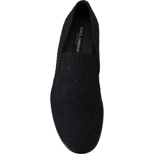 Dolce & Gabbana Elegant Jacquard Black Loafers Slide On Flats black-floral-jacquard-slippers-loafers-shoes
