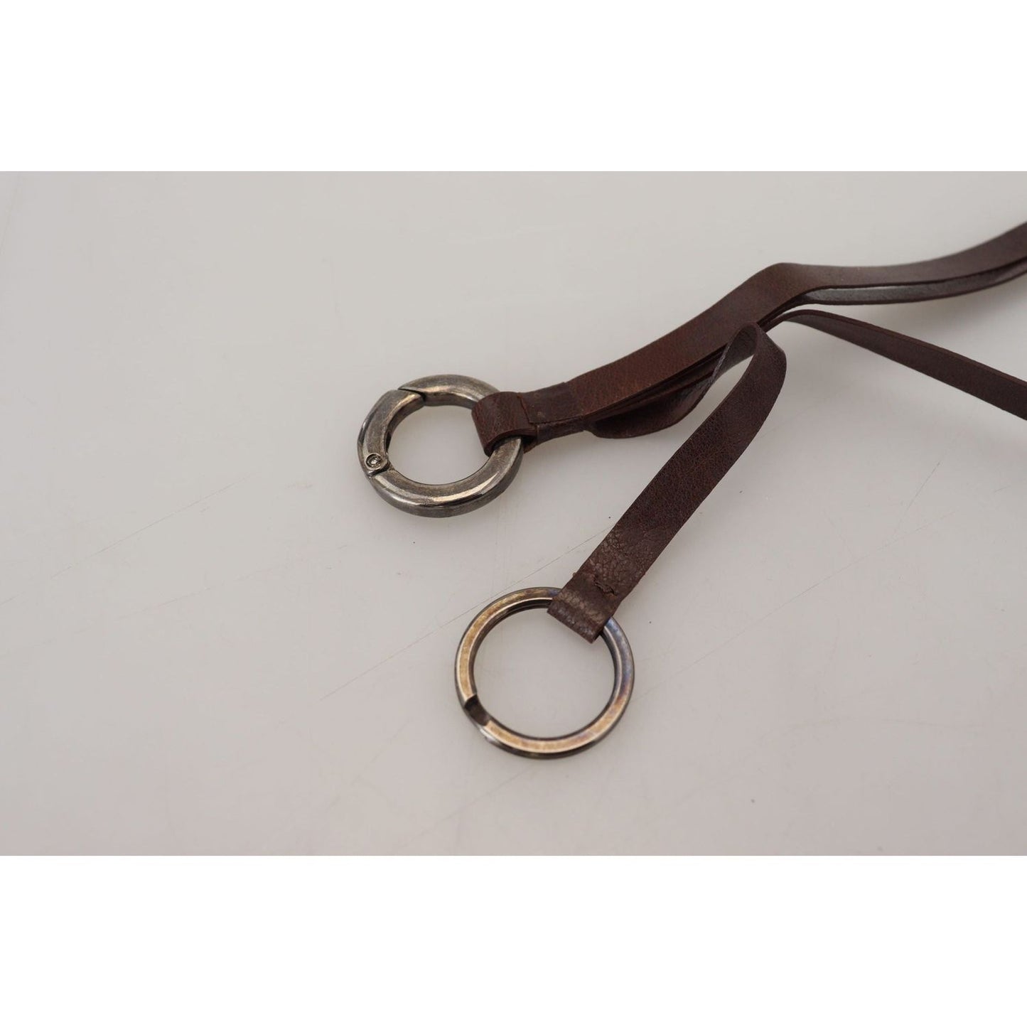 Costume National Elegant Brass & Leather Keychain Charm brown-leather-silver-tone-metal-keyring-keychain