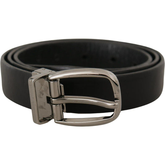 Dolce & Gabbana Elegant Black Leather Designer Belt black-leather-chrome-logo-metal-buckle-belt