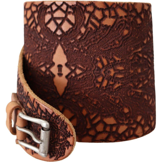 Scervino Street Elegant Brown Leather Fashion Belt Belt brown-wide-leather-embroidered-design-logo-belt