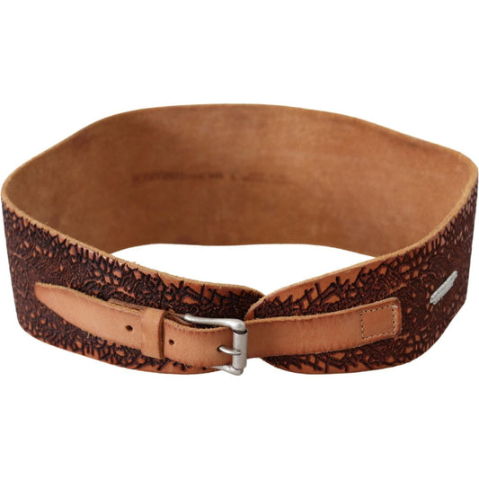 Scervino Street Elegant Brown Leather Fashion Belt Belt brown-wide-leather-embroidered-design-logo-belt