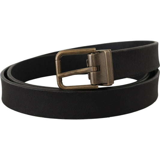 Dolce & Gabbana Elegant Black Leather Belt with Vintage Metal Buckle black-leather-brass-metal-grain-buckle-classic-belt
