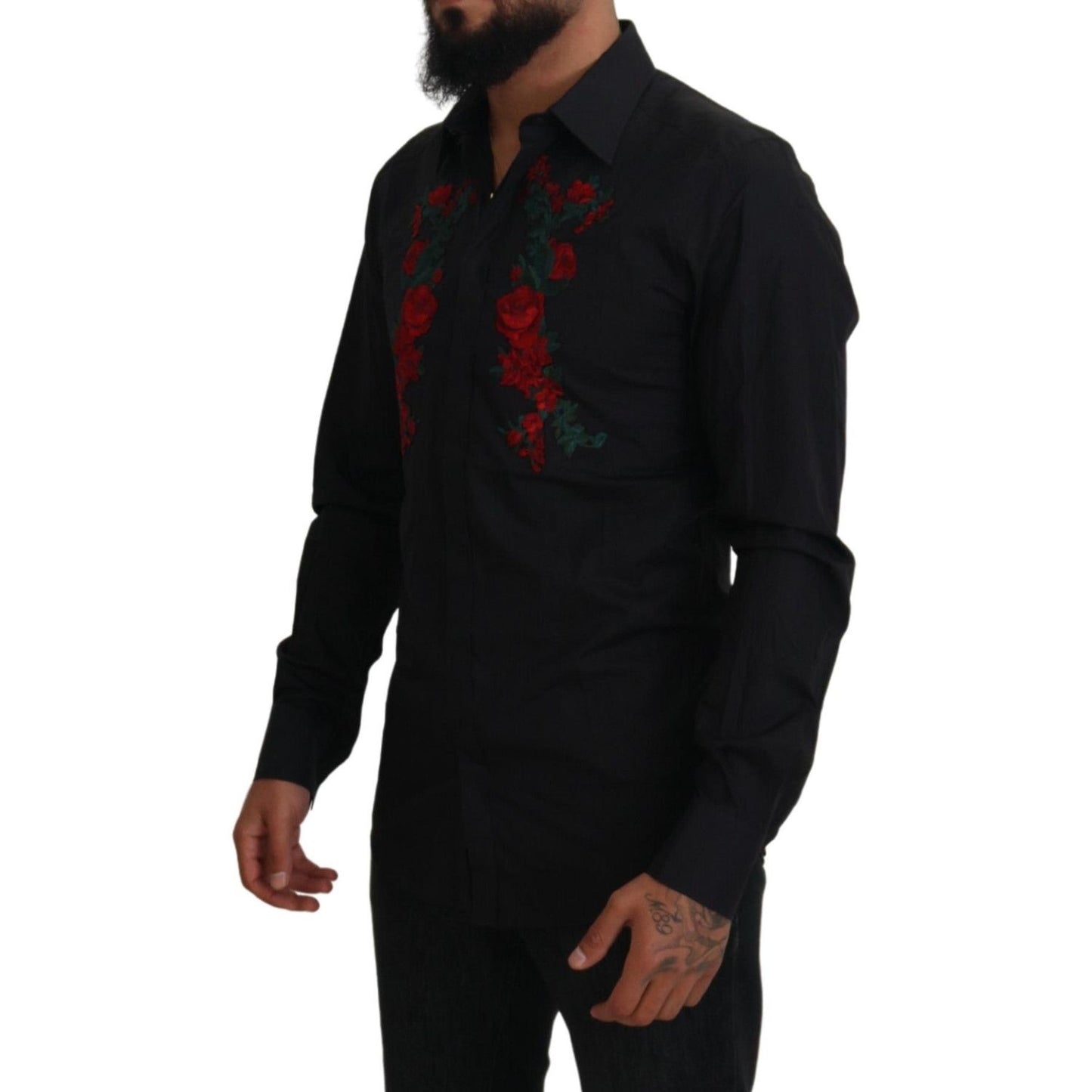 Dolce & Gabbana Elegant Floral Embroidered Cotton Shirt black-floral-embroidery-men-long-sleeves-gold-shirt IMG_6991-1ac499c8-1aa.jpg