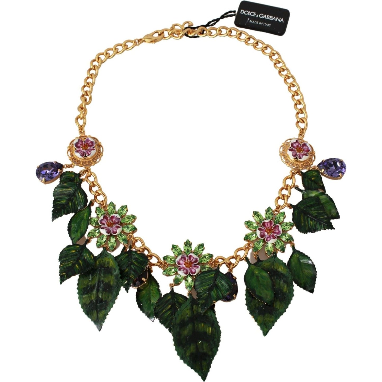 Dolce & Gabbana Elegant Floral Sicily Charm Necklace Necklace floral-crystal-charm-gold-brass-statement-necklace-2