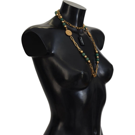Dolce & Gabbana Elegant Gold-Plated Gemstone Necklace gold-brass-natural-gem-beaded-logo-chain-necklace