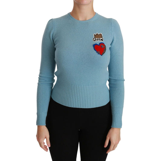 Dolce & Gabbana Queen Heart Beaded Wool Sweater WOMAN TOPS AND SHIRTS blue-wool-queen-heart-pullover-sweater