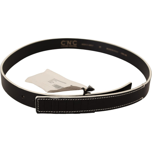 Costume National Chic Black Leather Fashion Belt with White Accents WOMAN BELTS black-white-leather-fashion-waist-belt