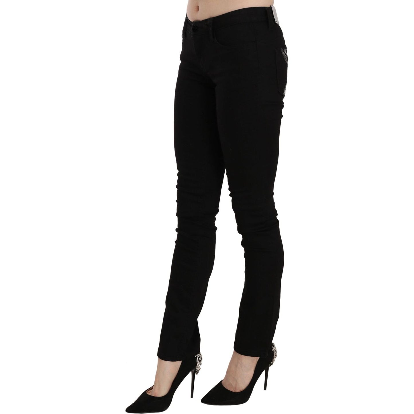 Costume National Elegant Black Mid Waist Slim Fit Jeans black-sequined-mid-waist-slim-fit-denim-jeans