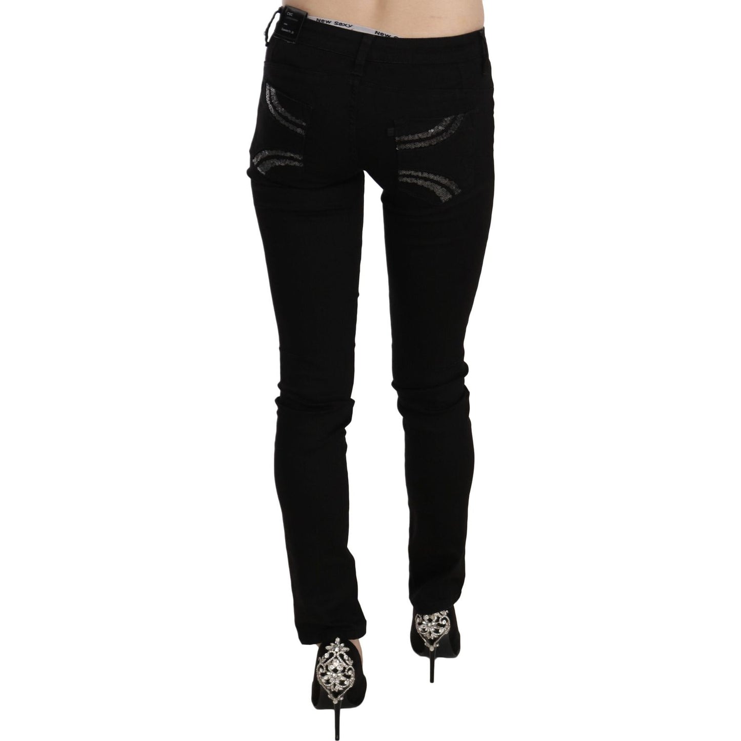 Costume National Elegant Black Mid Waist Slim Fit Jeans black-sequined-mid-waist-slim-fit-denim-jeans