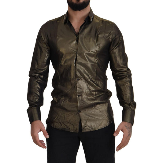 Dolce & Gabbana Elegant Gold Slim Fit Shirt with Crown Embroidery metallic-gold-dg-embroidered-crown-silk-shirt