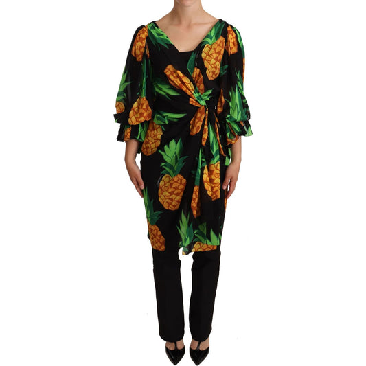 Dolce & Gabbana Vibrant Pineapple Draped Wrap Dress WOMAN DRESSES black-ananas-print-wrap-stretch-silk-dress