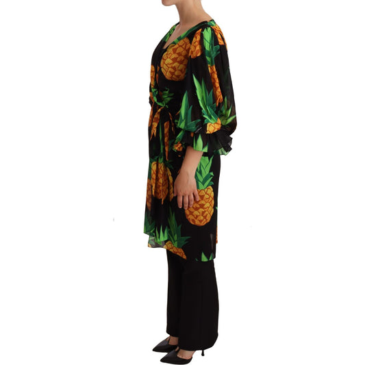 Dolce & Gabbana Vibrant Pineapple Draped Wrap Dress WOMAN DRESSES black-ananas-print-wrap-stretch-silk-dress