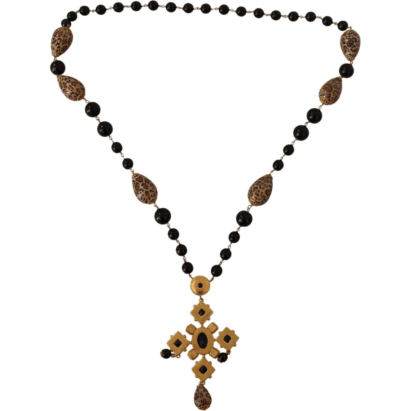 Dolce & Gabbana Elegant Charm Cross Necklace with Crystal Details gold-tone-brass-leopard-cross-chain-black-crystal-necklace