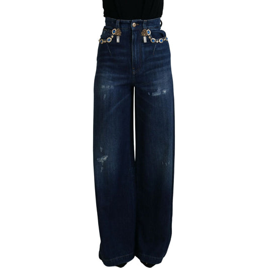 Dolce & Gabbana Embellished Straight Leg Designer Jeans blue-embellished-straight-denim-cotton-jeans