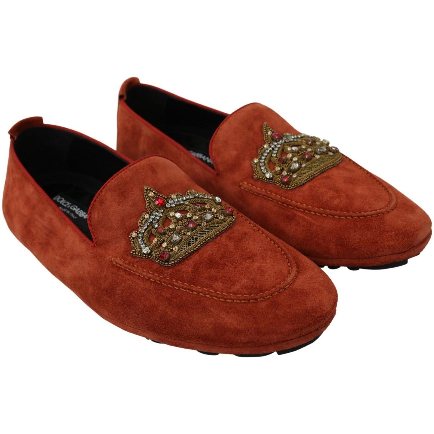 Dolce & Gabbana Elegant Orange Leather Moccasin Slippers orange-leather-moccasins-crystal-crown-slippers-shoes IMG_7337-scaled-0a31f132-88e.jpg
