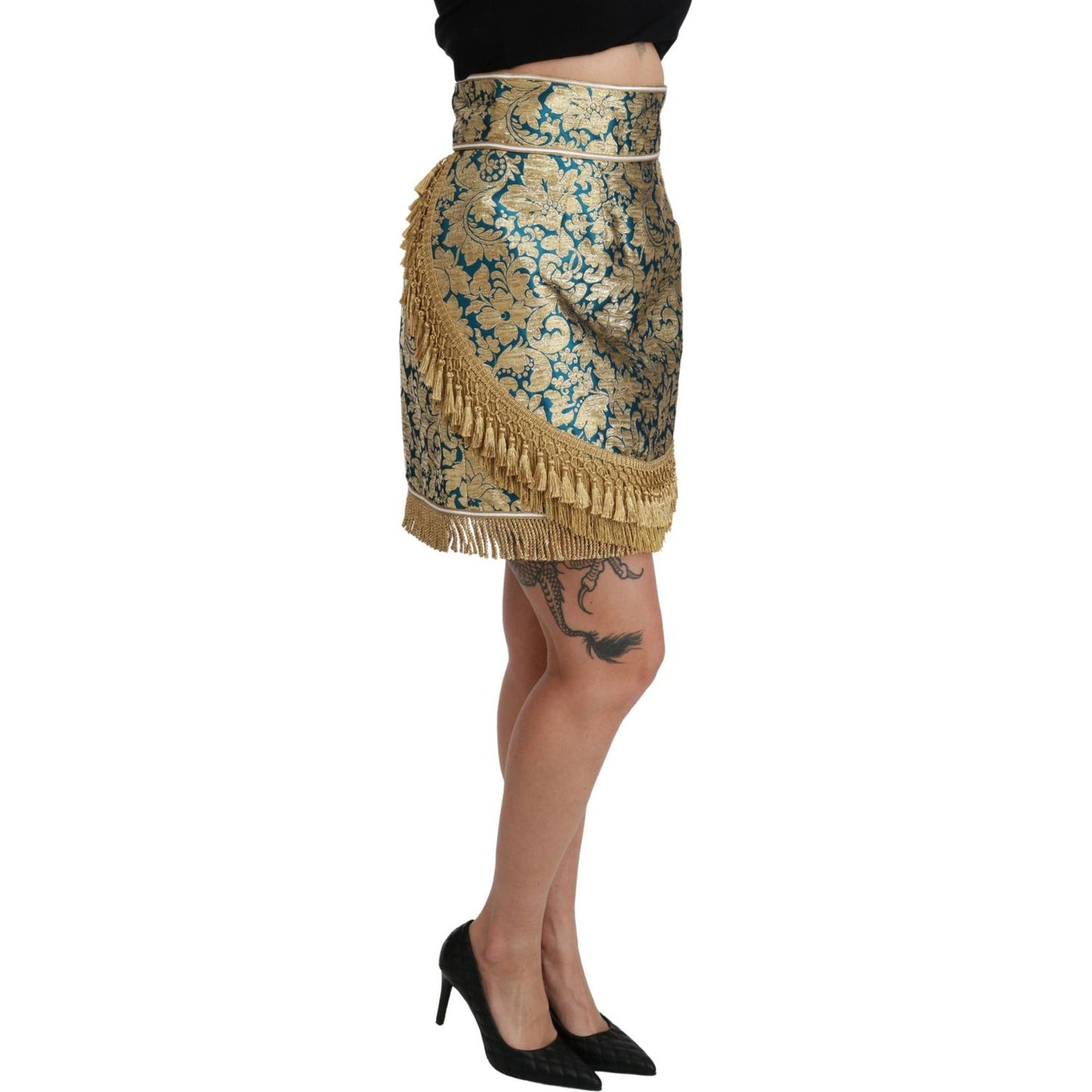 Dolce & Gabbana Elevate Your Wardrobe with Our Exquisite Gold Skirt blue-high-waist-jacquard-tassel-gold-skirt