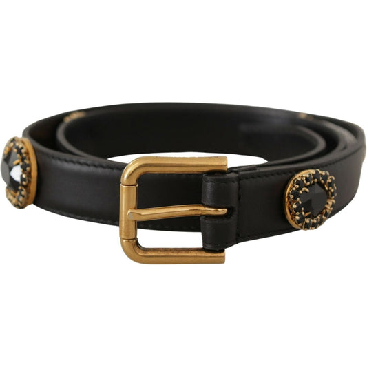 Dolce & Gabbana Elegant Black Leather Logo Belt black-leather-embellished-crystal-logo-belt