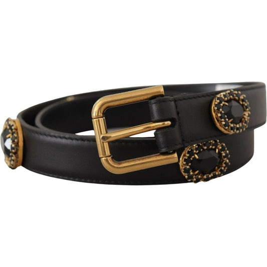 Dolce & Gabbana Elegant Black Leather Logo Belt black-leather-embellished-crystal-logo-belt
