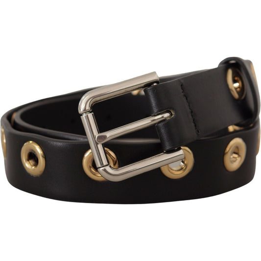 Dolce & Gabbana Chic Black Leather Belt with Engraved Buckle black-leather-eyelet-silver-tone-metal-buckle-belt