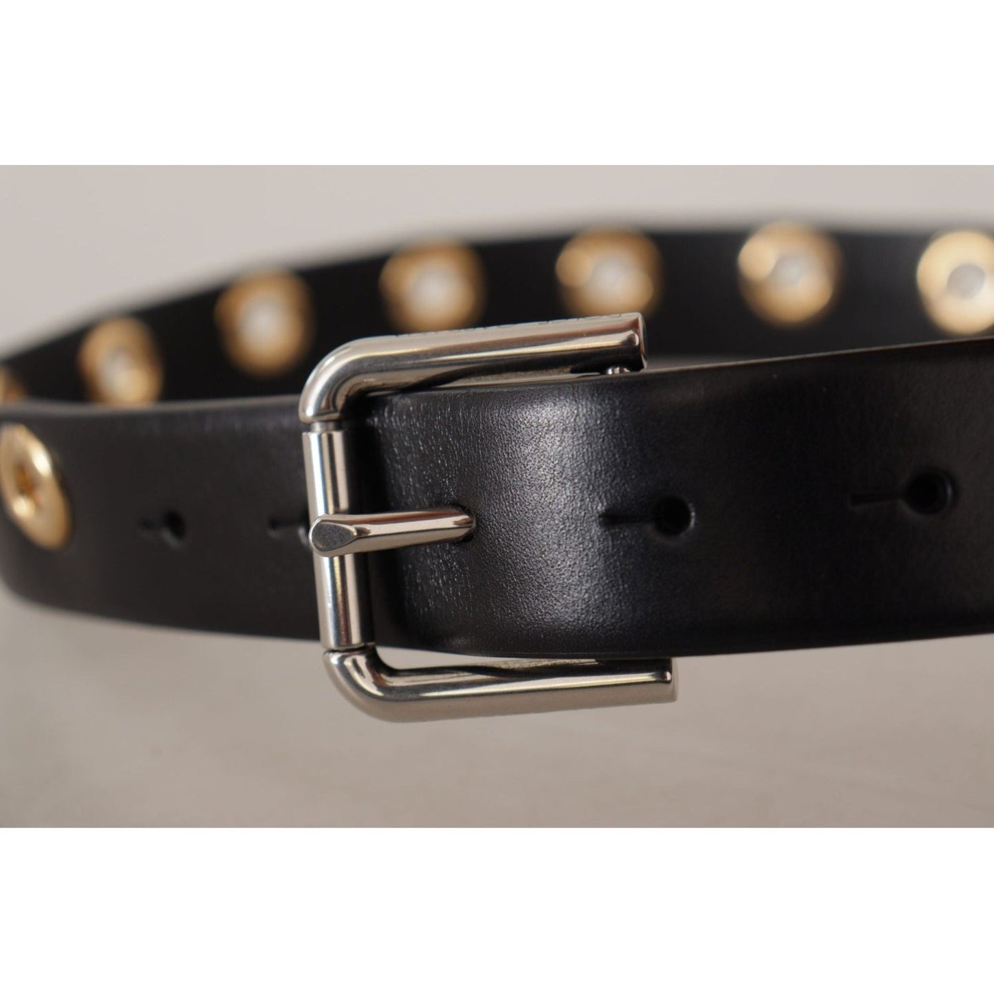 Dolce & Gabbana Chic Black Leather Belt with Engraved Buckle black-leather-eyelet-silver-tone-metal-buckle-belt