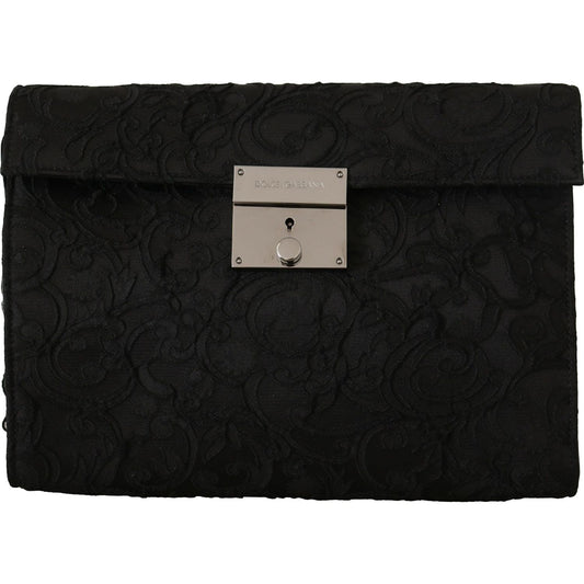 Dolce & Gabbana Elegant Black Silver Clutch Portfolio black-jacquard-leather-document-briefcase-bag