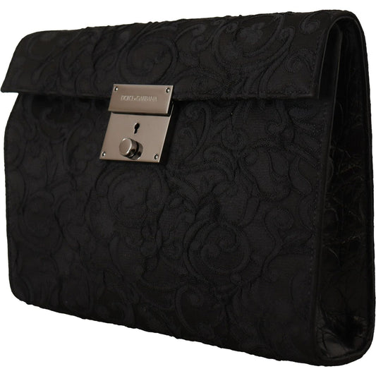 Dolce & Gabbana Elegant Black Silver Clutch Portfolio black-jacquard-leather-document-briefcase-bag