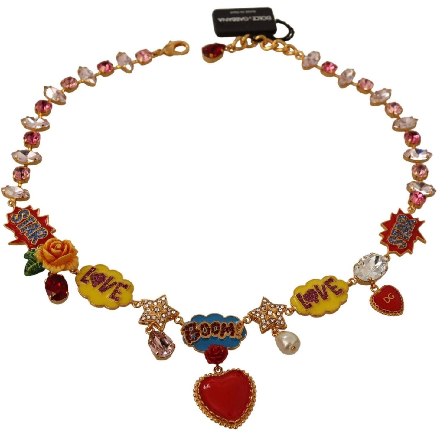 Dolce & Gabbana Charm Necklace with Hand-Painted Elements rose-heart-star-chain-pink-red-gold-crystal-necklace