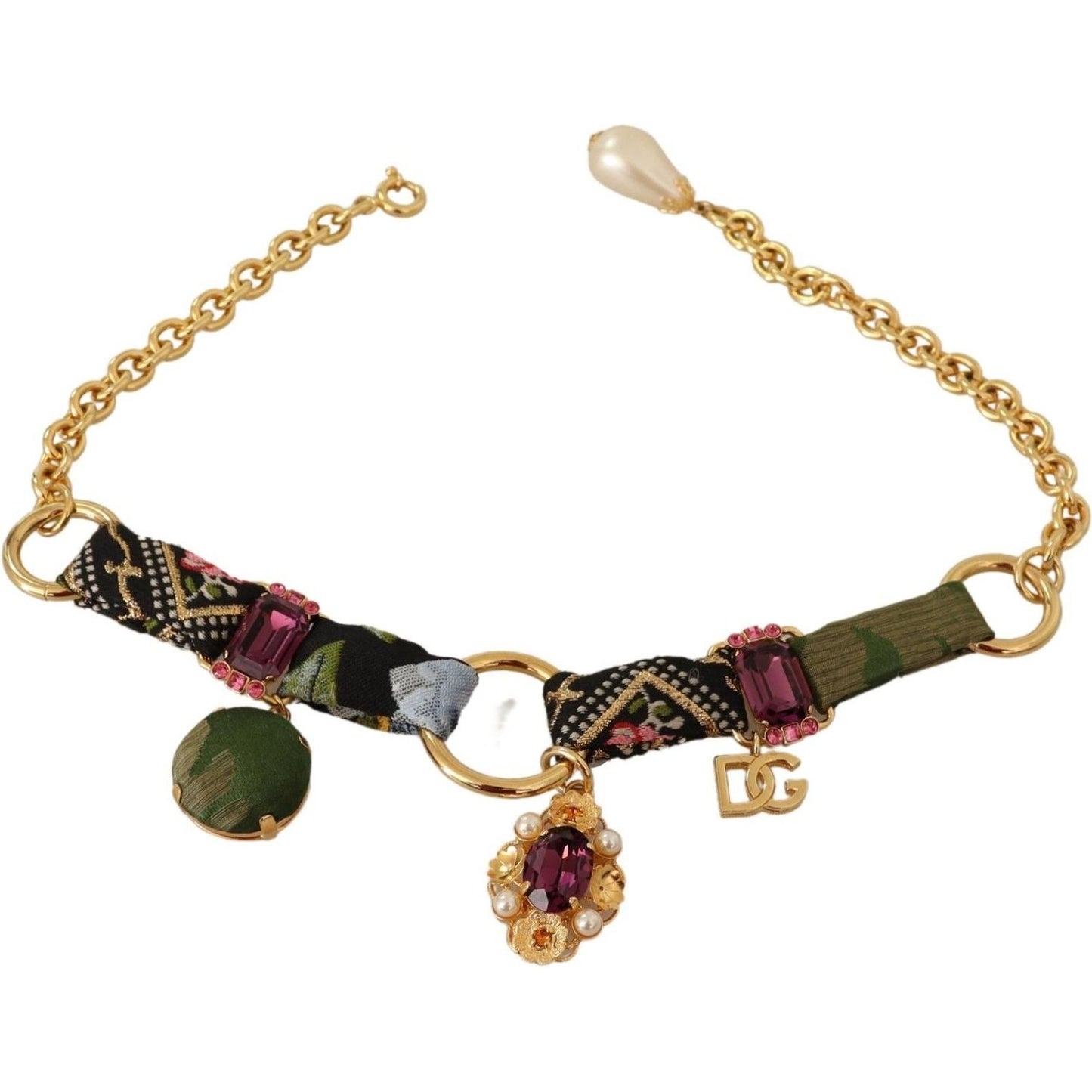 Dolce & Gabbana Multicolor Crystal Charm Necklace WOMAN NECKLACE gold-tone-brass-fabric-crystals-women-jewelry-necklace