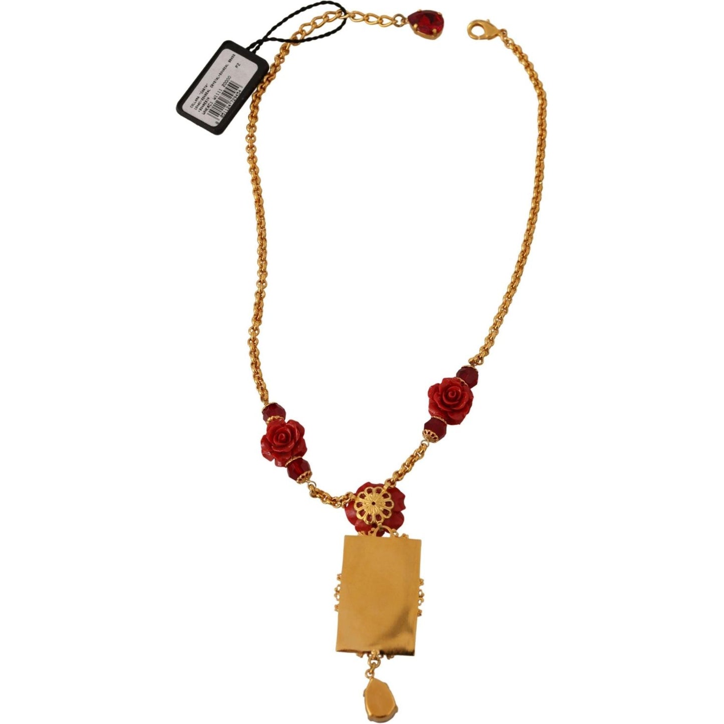 Dolce & Gabbana Gold Tone Charm Necklace with Crystal Pendant gold-brass-flower-card-deck-crystal-pendant-necklace