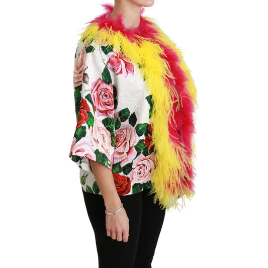Dolce & Gabbana Elegant Floral Cape Jacket with Fur Details Coats & Jackets white-floral-coat-capte-fur-roses-jacket IMG_7538-scaled-127a8d72-167.jpg