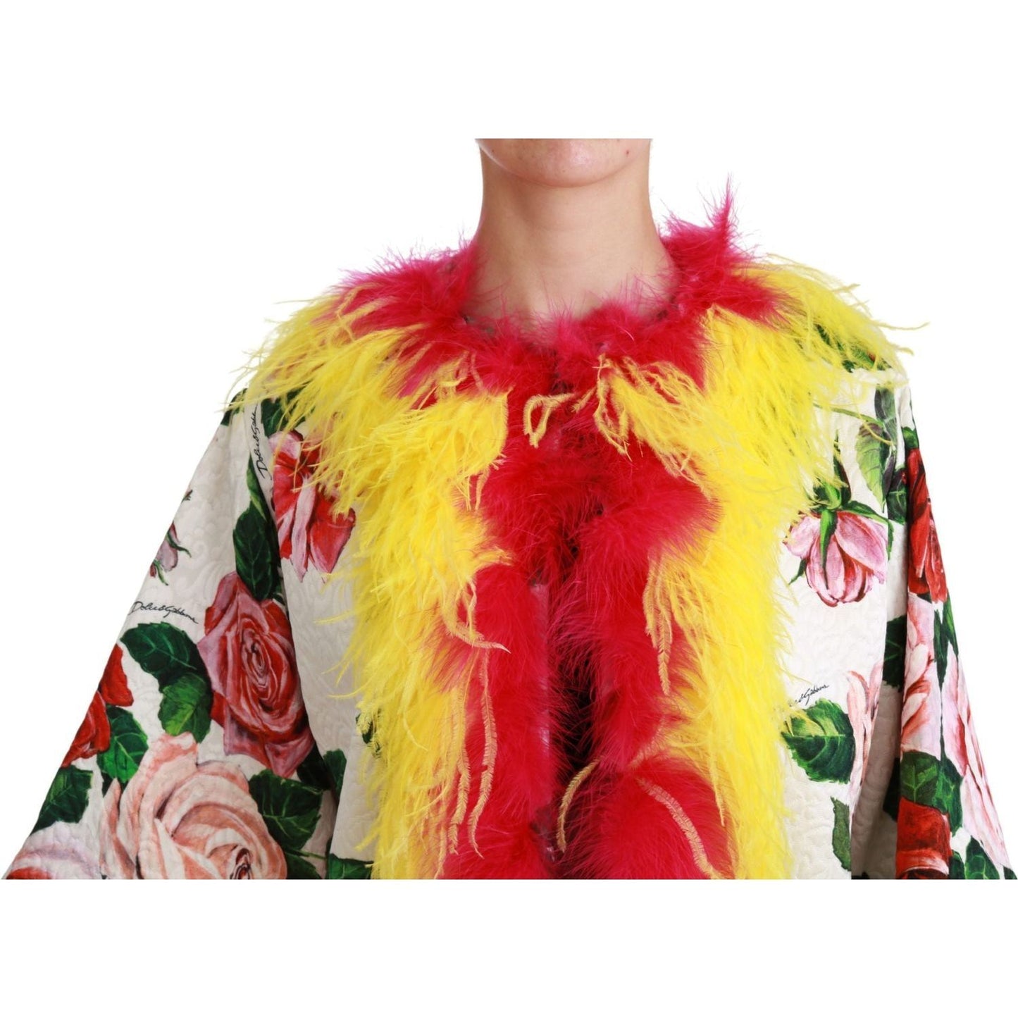 Dolce & Gabbana Elegant Floral Cape Jacket with Fur Details Coats & Jackets white-floral-coat-capte-fur-roses-jacket